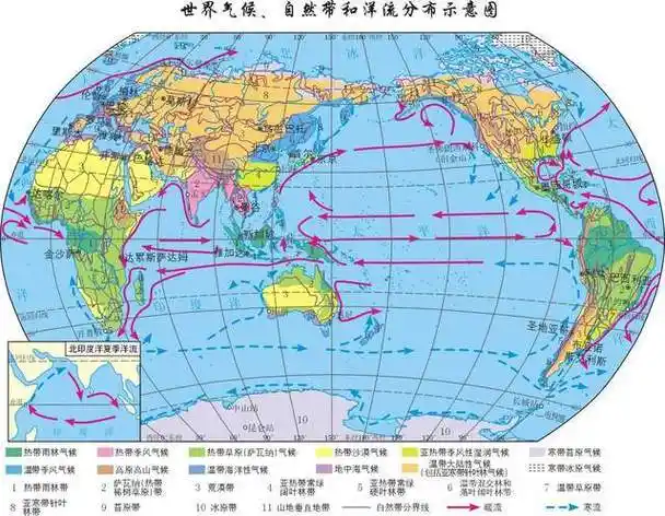 世界气候,自然带和洋流分布示意图而在高纬度海域的夏季季节,气温较高