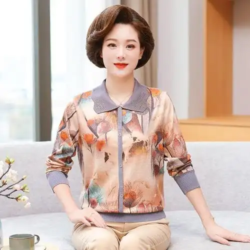 中年妈妈装秋装新款洋气长袖t恤上衣中老年女装薄毛衣翻领打底衫