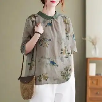 aopd大码女装棉麻衬衫女夏新款宽松复古印花气质苎麻t恤上衣灰色收藏