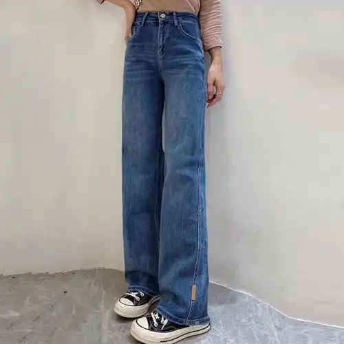 普洗蓝牛仔裤2022秋冬新款女阔腿高腰显瘦大长腿薄绒直筒拖地裤子