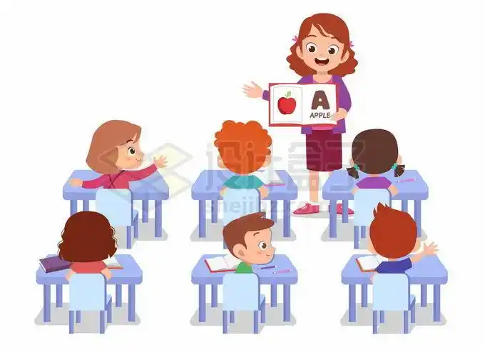 卡通老师正在教小朋友们学习单词幼儿园小学教学插画9242355矢量图片