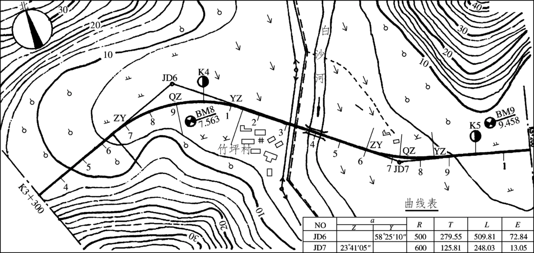 也就是用标高投影法所绘制的道路沿线周围区域的地形图