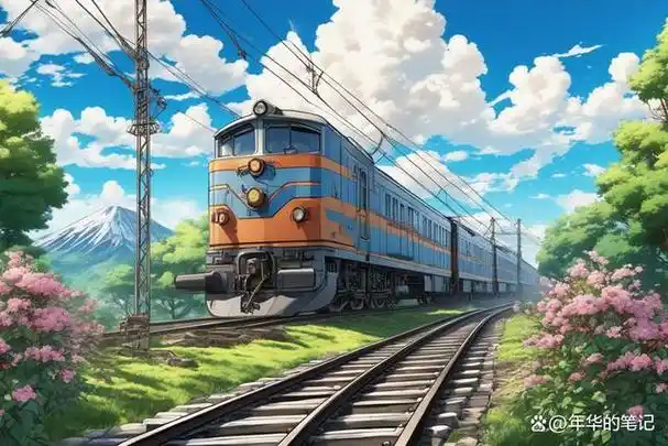 在蔚蓝的天空中,一辆列车悠然驶过,宛如宫崎骏电影中的奇妙场景.