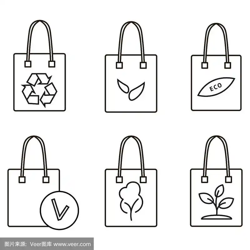 环保袋与不同的印刷:回收,树叶,树和生态标志.可重用的使用.