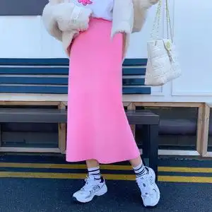 粉色半身裙秋冬女2021高腰显瘦遮胯中长款开叉一步裙子冬天配毛衣