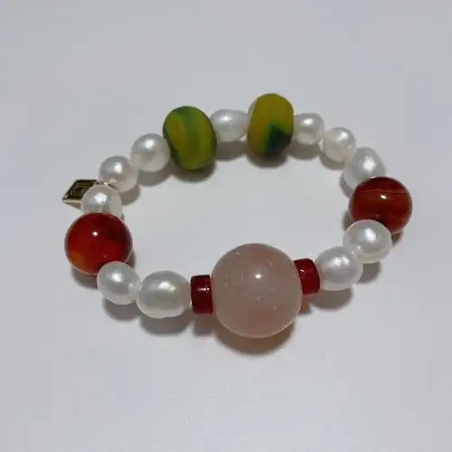 dannijo天然巴洛克珍珠粉色糖心玛瑙黄绿算盘弹力手链