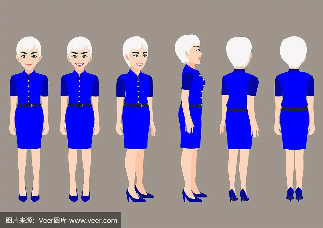 卡通人物与商业女性在美丽的服装动画.正面,侧面,背面,3-4视图字符.