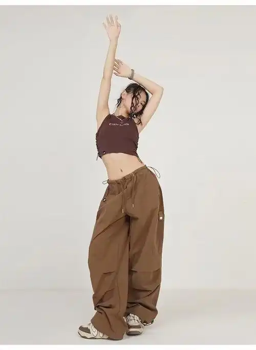 街舞潮牌美式爵士舞套装女棕色修身绑带背心嘻哈沙白工装裤 - 17网