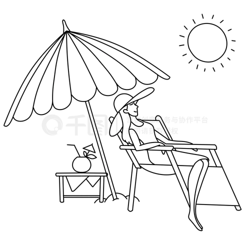 简笔画假日旅游休闲沙滩晒太阳度假都市女人