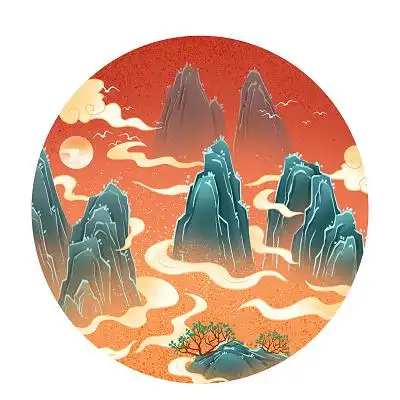 国潮山水 圆形山水 国潮山水素材 山水元素png素材