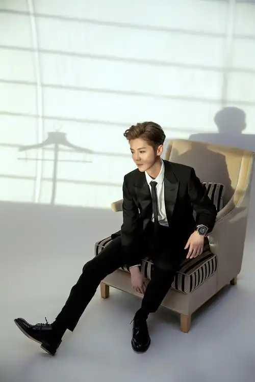 男艺人鹿晗黑色西装帅气活动写真