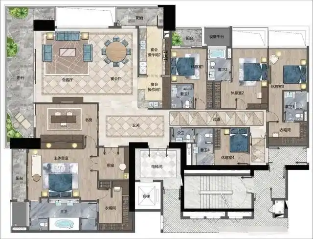 300平米大平层户型,全套房设计相当奢华!