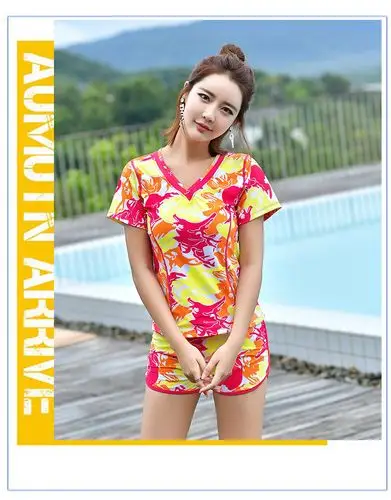 bbot)女士泳衣 2018新款女式游泳衣女保守遮肚显瘦带袖分体平角两件套