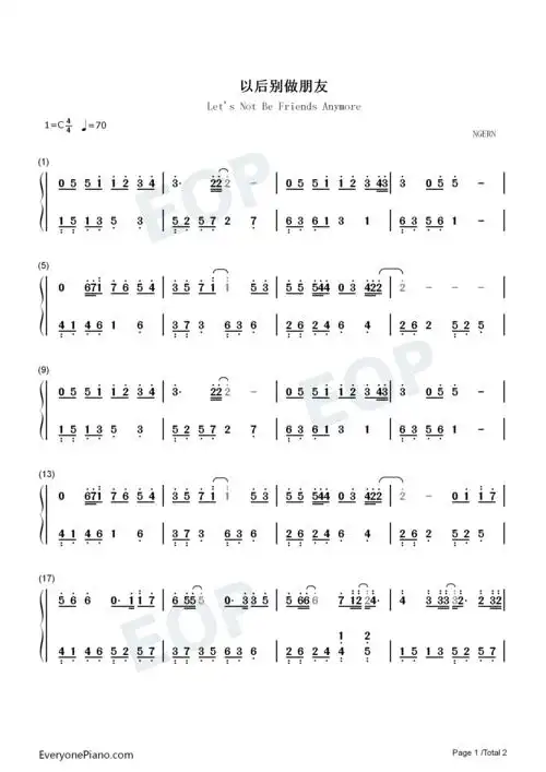 以后别做朋友-c调简单版双手简谱预览1