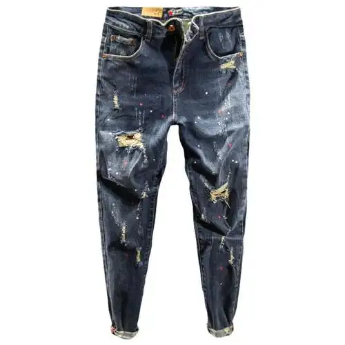 男士潮牌补丁裤子男潮流破洞牛仔裤男修身小脚九分裤-阿里巴巴