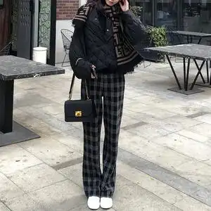 2021冬新高腰显瘦加厚毛呢阔腿裤女垂感加长直筒休闲混纺格子长裤图片