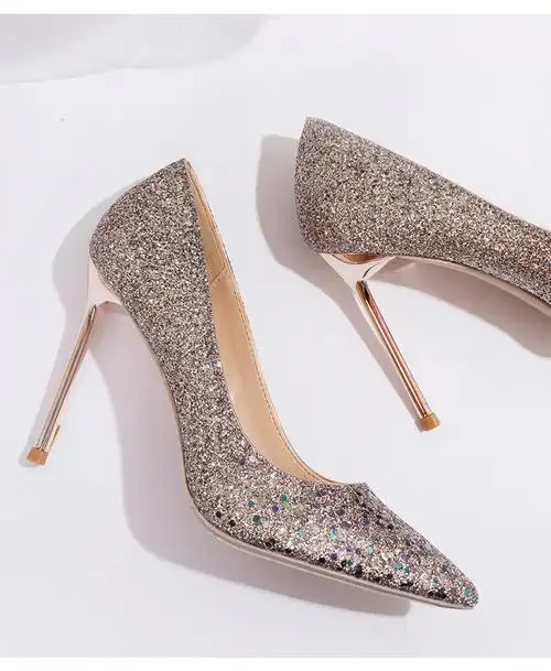 宴会婚鞋女2019新款亮片超高跟鞋女细跟浅口银色单鞋伴娘新娘 气质纯