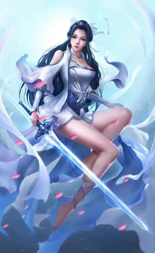 中国风古装3d古风美女 舞剑 蓝色短裙