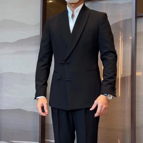 影楼主题西服盘扣复古青果领男士中式帅气礼服演出个性黑色西装