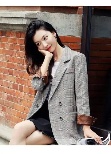 工厂直供千鸟格西装外套女2020早春新款ins复古英伦风宽松休闲格子小