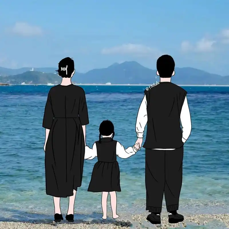 插画头像|三口之家背影头像|全家福 日更96 今天画了两组全家福背影