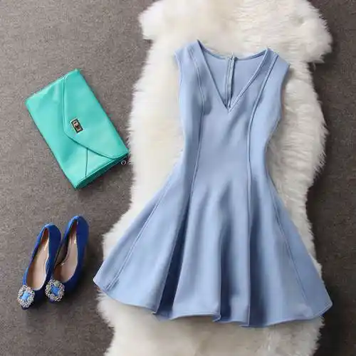 80后迷宫欧洲站2014夏装新款水蓝色v领显瘦礼服裙