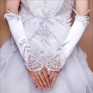 新娘白色婚纱手套长款勾指蕾丝花边珠绣手套礼服配件舞台白手套