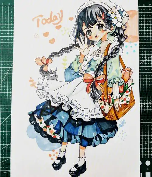 马克笔动漫手绘鲜花少女含线稿步骤色号