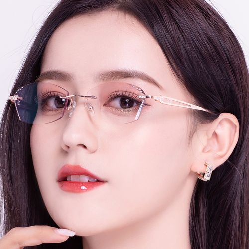无框近视眼镜女潮可定制度数高散变色钻石切边无框素颜眼镜3027