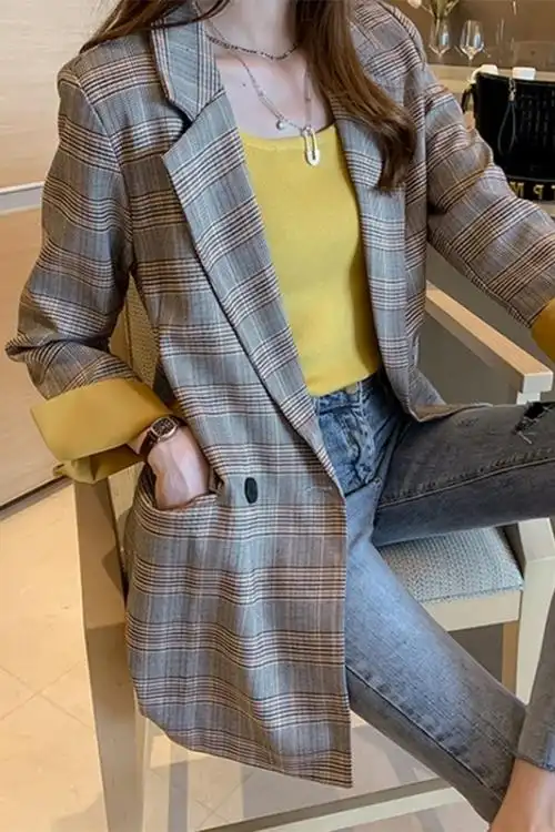 格子小西装外套女秋装新款韩版新款网红中长款撞色休闲西服外套潮