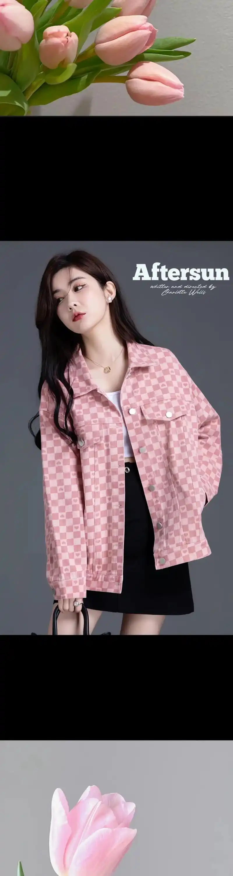 粉色棋盘格子牛仔外套女春夏新款时尚女装宽松百搭小个子工装夹克