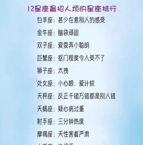 12星座之最害怕考试排行榜, 最会撒娇排行榜, 最招人烦排行榜