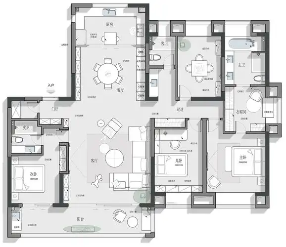 195平四居室户型图