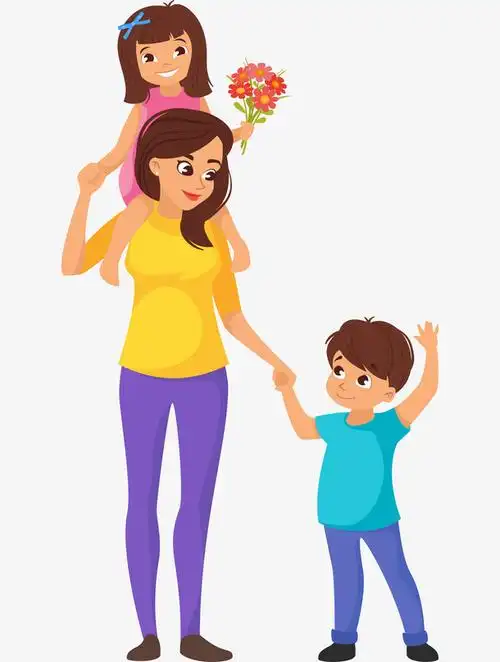 手绘卡通妈妈和儿子女儿