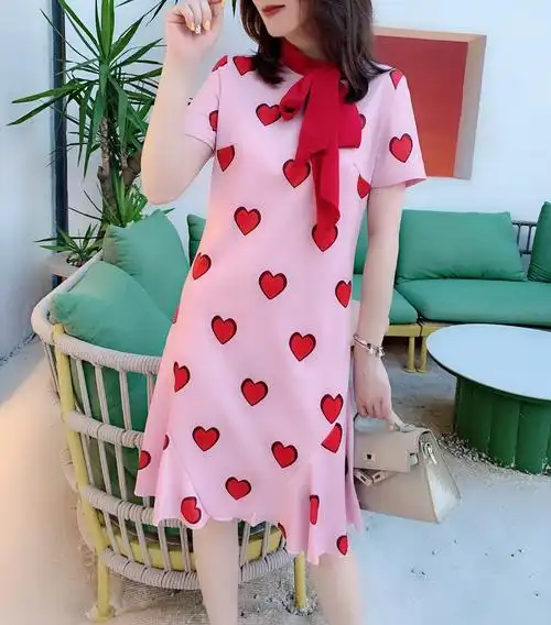 欧洲站2020春夏新款欧货潮韩版粉色洋气宽松印花连衣裙