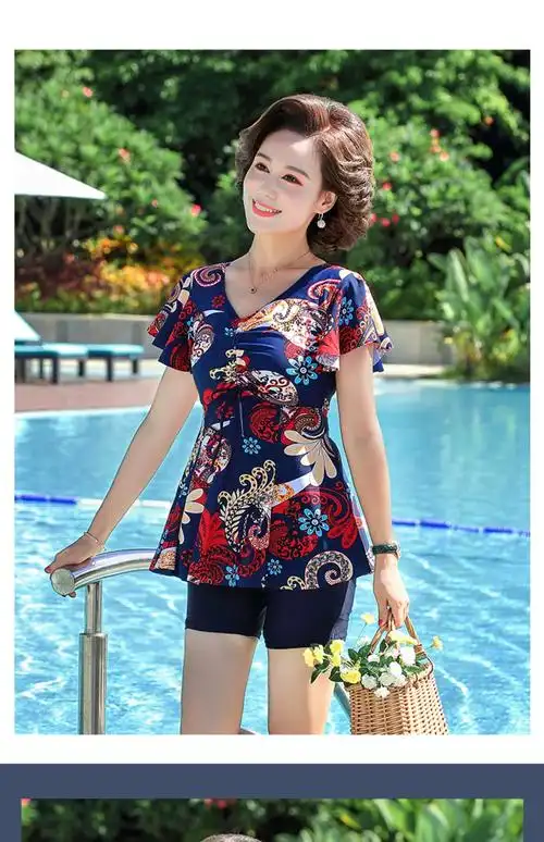 游泳衣女妈妈泳装款遮肚显瘦分体保守中老年人大码温泉款女士套装