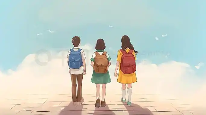 学生背着书包上学的背影卡通开学季手绘插画