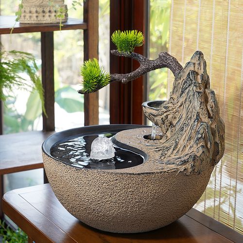 新中式桌面流水摆件室内家居客厅茶室电视柜禅意水景水晶球小景观