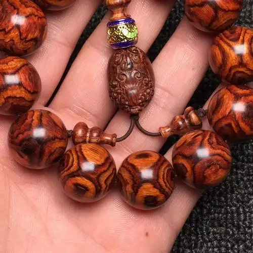 海黄老料鬼脸对眼2.0男士佛珠手串海南黄花梨木鬼眼虎皮纹配貔貅