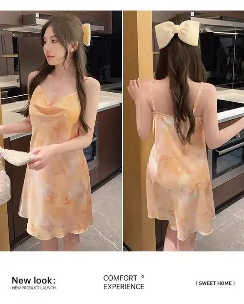 冰丝睡衣女夏季法式性感荡领吊带睡裙丝绸家居服2024新款纯欲风 - 17