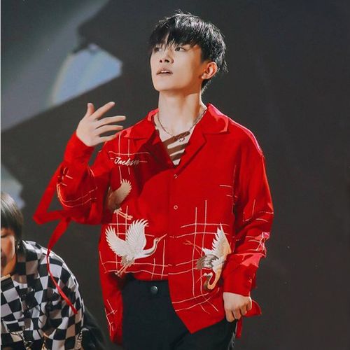 热销千纸鹤衬衫_易烊千玺生日会同款红色衬衫男千纸鹤小西装领仙鹤