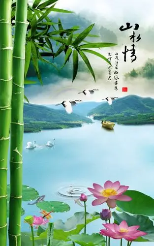 xt90223中式园林玄关翠竹子仙鹤天鹅荷花金鱼云雾山水情寓意