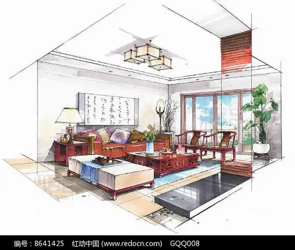 中式客厅手绘效果图