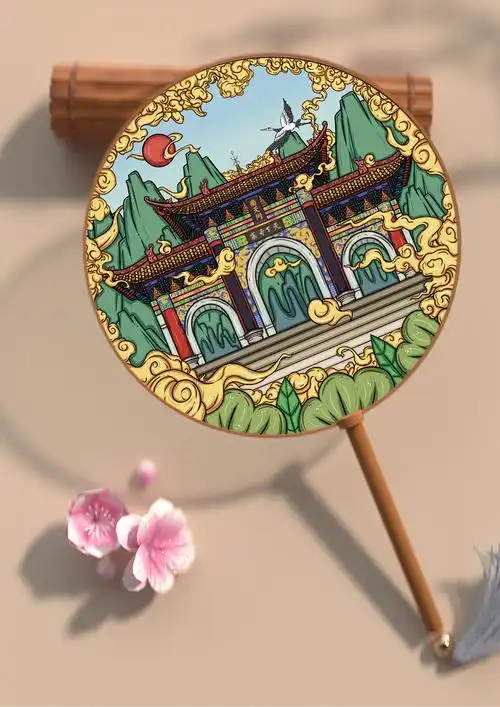 古代皇家感的南天门,远方山峰层峦叠嶂,云中飞仙鹤,旭日东升绘画风格