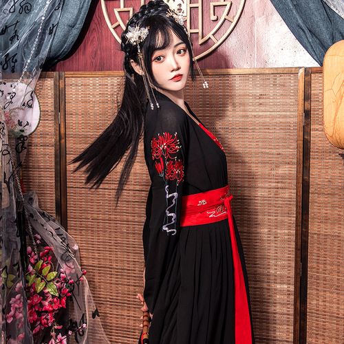 彼岸花汉服女日常可穿中国风原创汉元素红黑色对襟齐腰襦裙流仙裙