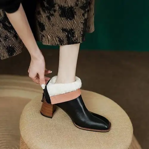 羊毛真皮粗跟高跟短靴女靴