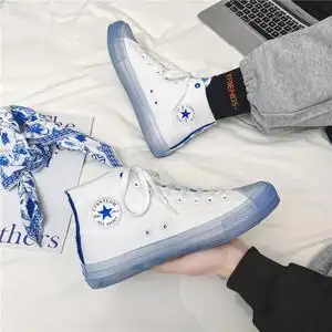联名匡威官网张艺兴青花瓷方巾高帮帆布鞋男女情侣款果冻鞋透明底