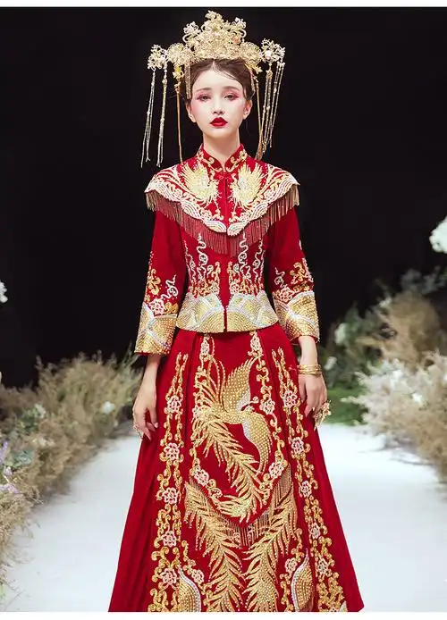 中式婚纱凤冠霞帔秀禾服新娘夏季婚服结婚嫁衣禾秀服女 无钻款【送】