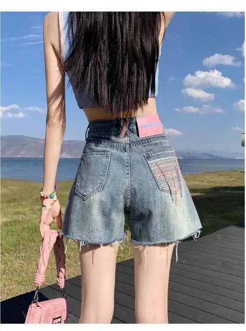 破洞牛仔短裤女夏薄款2024新款高腰显瘦a字小个子毛边超短热裤潮 - 17