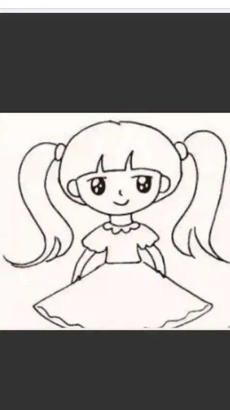 小女孩在长裙上装点上白色小圆点装饰好看的长头发女孩简笔画就画好了